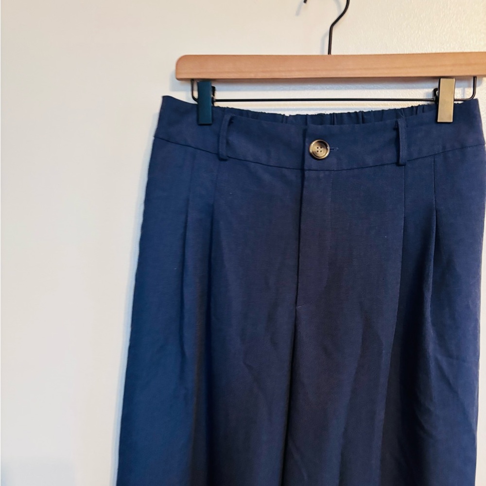 Blue long high waisted dress pants with pockets and elastic waistband in the bac - Picture 6 of 7